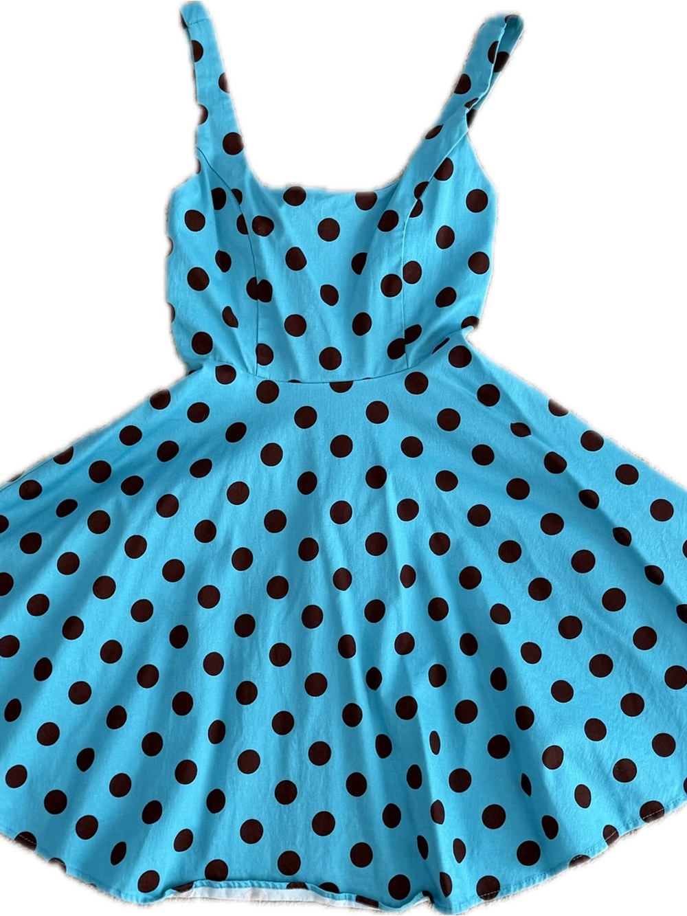 Electric Blue Polka Dot Midi Sundress Dress with Brown Dots | Medium (Juniors)